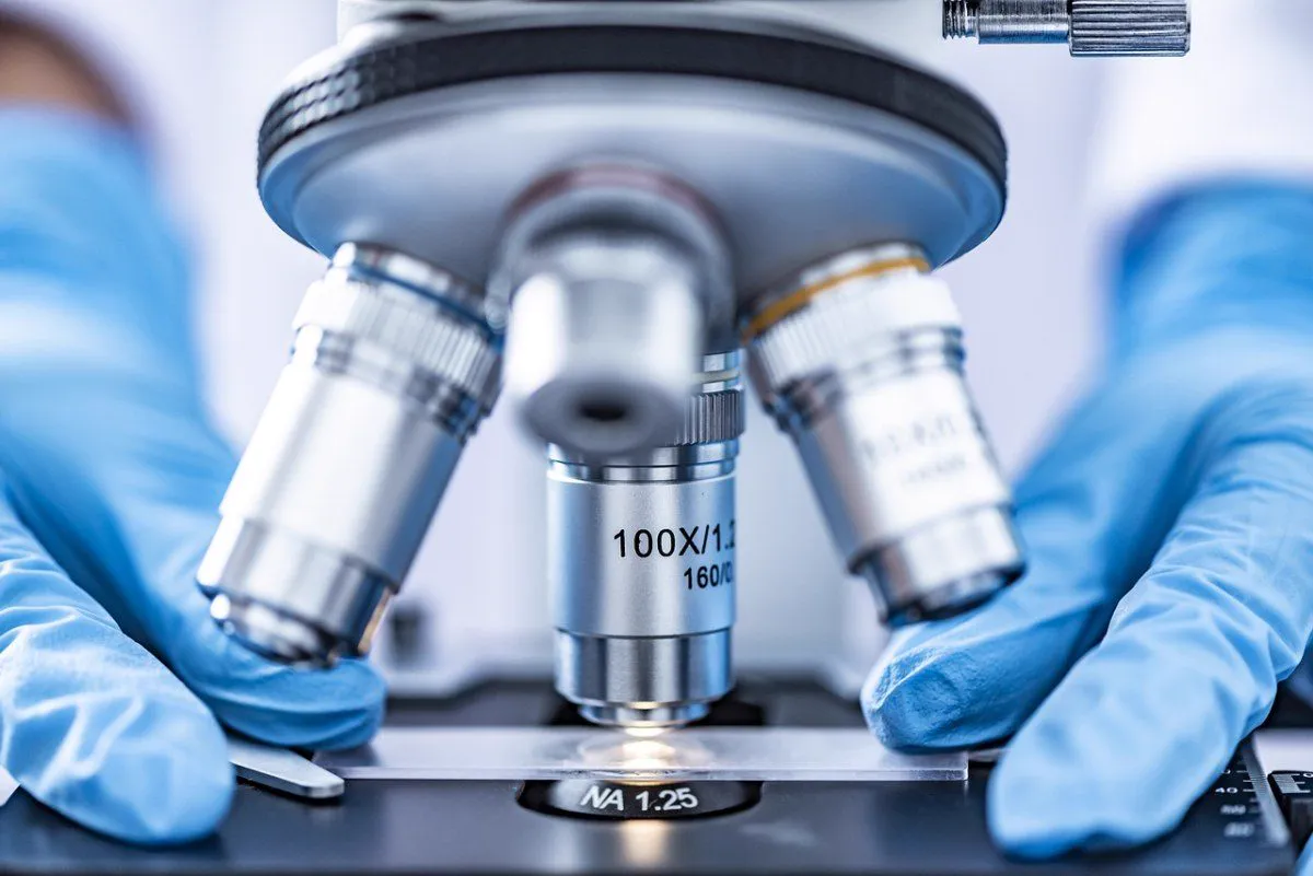 Profissional com luvas azuis ao lado de um microscópio de laboratório
