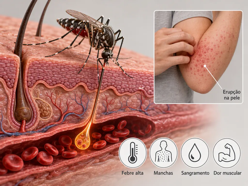 Ilustração médica de um Aedes aegypti cravado na pele e liberando o vírus na corrente sanguínea, com recorte de um cotovelo coberto de manchas e quatro ícones circulares de febre alta, manchas, sangramento e dor muscular