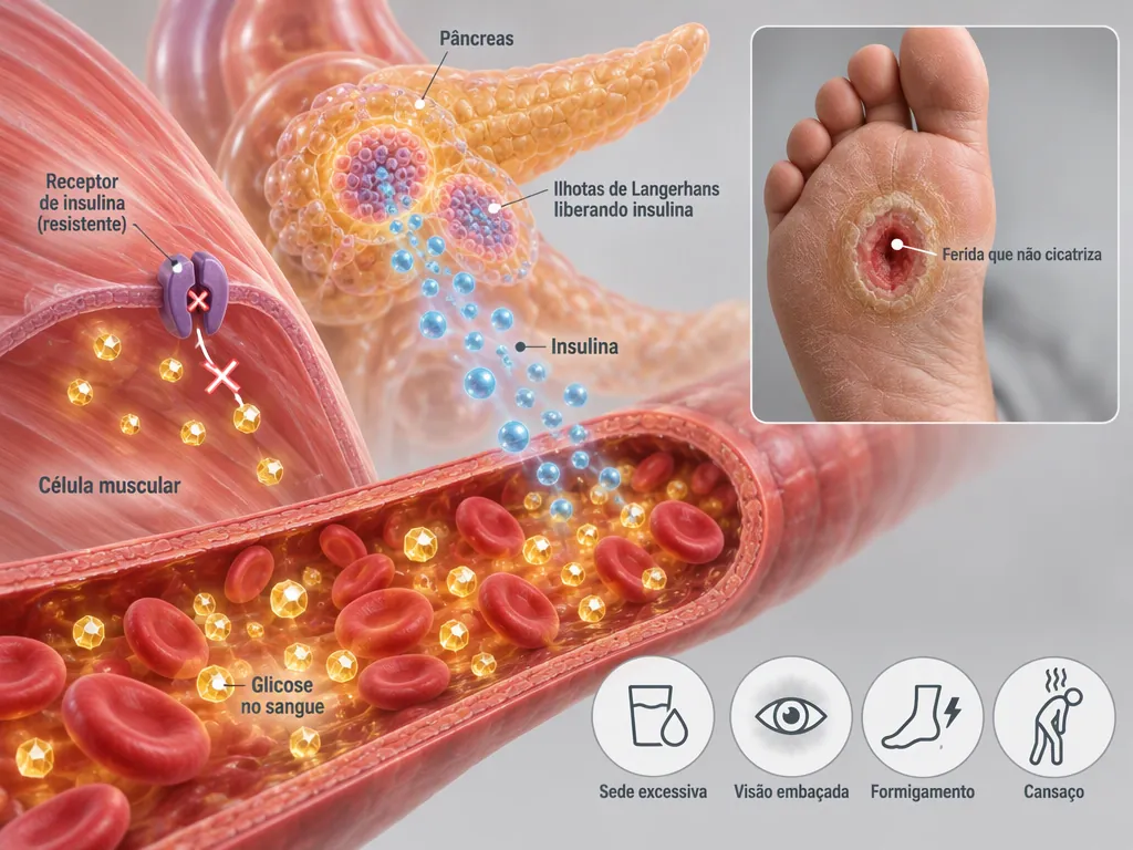Ilustração médica do pâncreas liberando insulina num vaso cheio de cristais de glicose, com recorte da sola do pé com uma ferida aberta e quatro ícones de sede excessiva, visão embaçada, formigamento e cansaço
