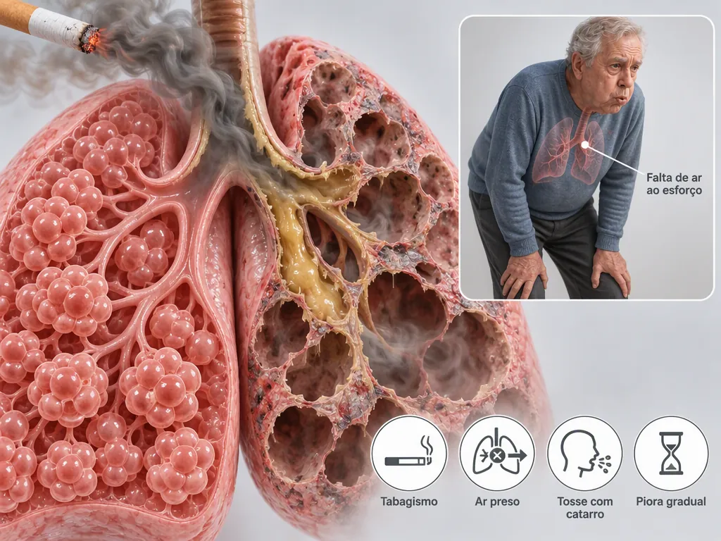 Ilustração médica de um pulmão em corte que compara alvéolos sadios com o tecido destruído pelo enfisema, um cigarro soltando fumaça no canto, com recorte de uma pessoa idosa curvada com as mãos nos joelhos e quatro ícones de tabagismo, ar preso, tosse com catarro e piora gradual