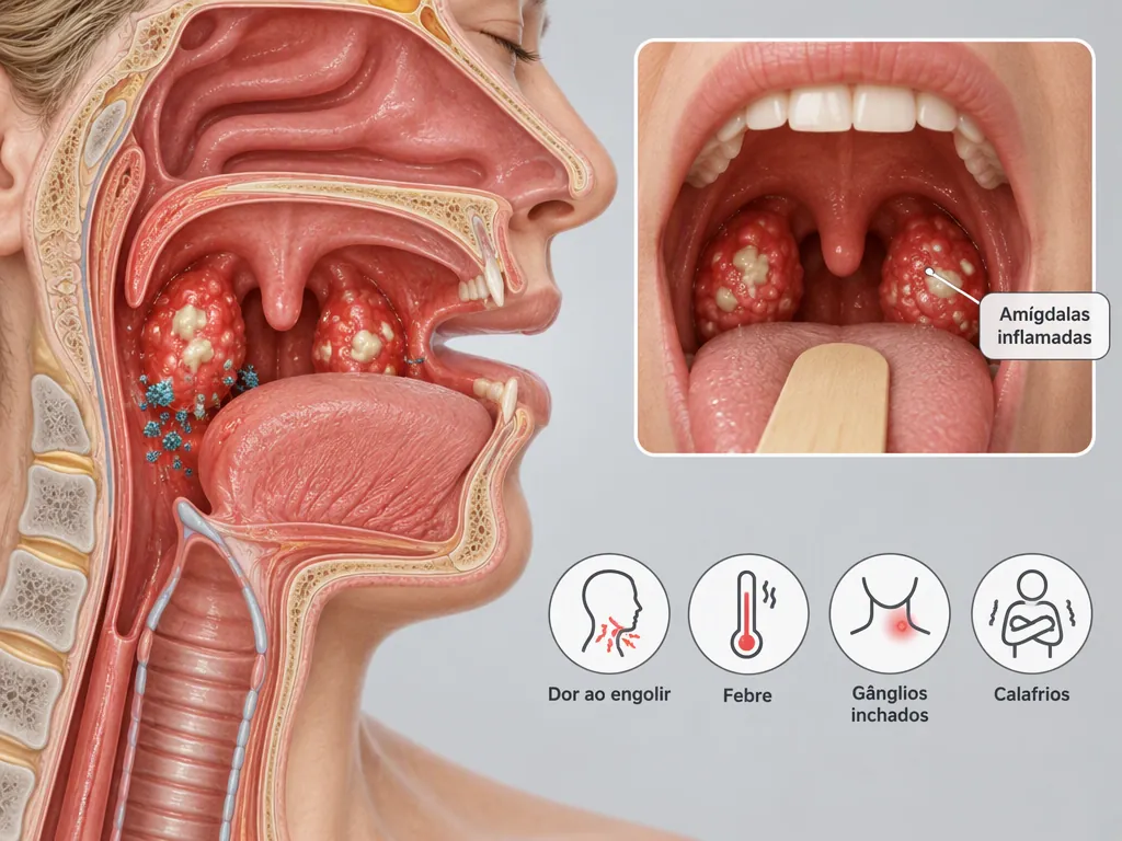 Ilustração médica de uma cabeça e do pescoço em corte lateral mostrando as amígdalas inchadas com placas de pus, com recorte de uma boca aberta com espátula lingual e quatro ícones de dor ao engolir, febre, gânglios inchados e calafrios