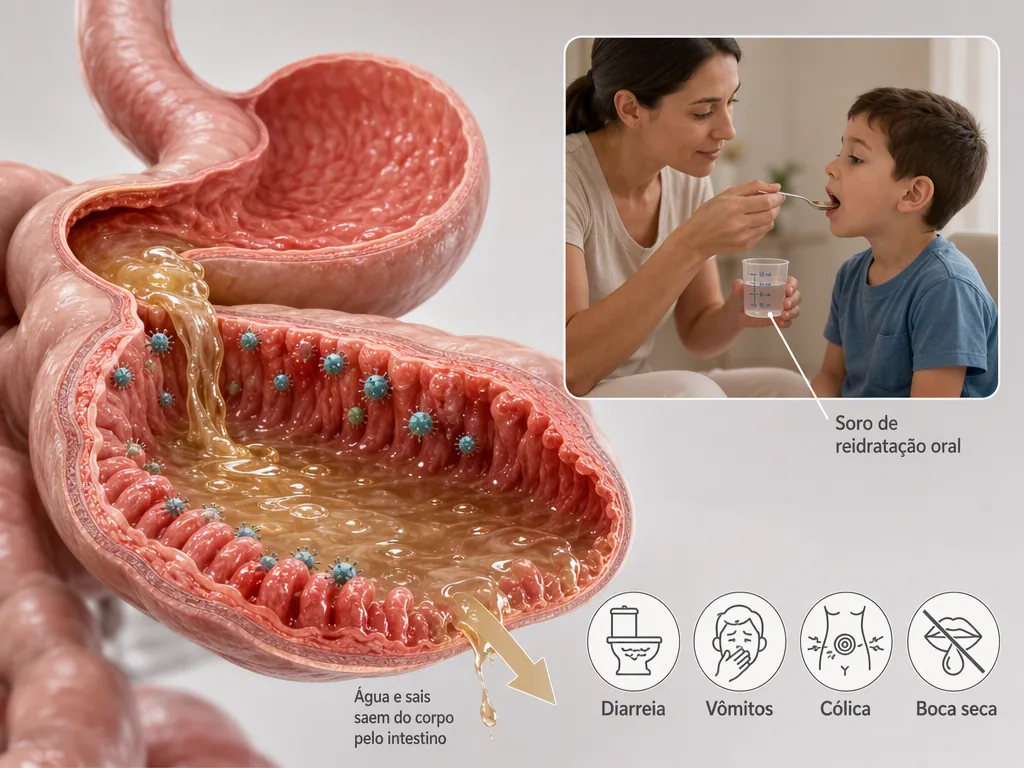 Ilustração médica de um estômago e de um intestino em corte com a mucosa inflamada, vírus presos às vilosidades e líquido escorrendo para a luz do intestino, com recorte de uma mãe dando soro de reidratação oral com colher a uma criança e quatro ícones de diarreia, vômitos, cólica e boca seca