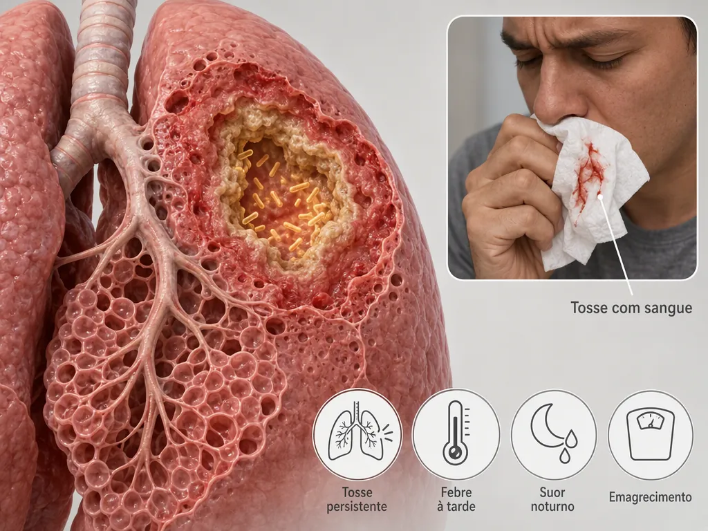 Ilustração médica de um pulmão em corte com uma cavidade cheia de bacilos no lobo superior, com recorte de uma pessoa tossindo num lenço com riscos de sangue e quatro ícones de tosse persistente, febre à tarde, suor noturno e emagrecimento