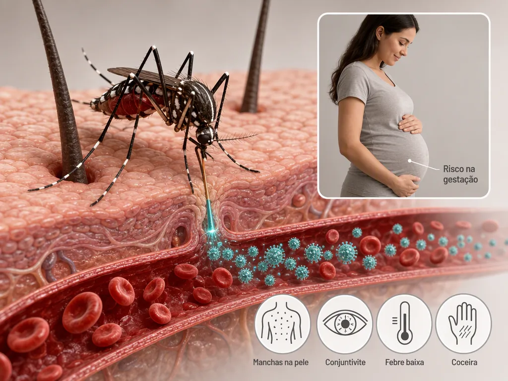 Ilustração médica de um Aedes aegypti picando a pele e liberando partículas azuis do vírus no sangue, com recorte de uma gestante com as mãos na barriga e quatro ícones de manchas na pele, conjuntivite, febre baixa e coceira